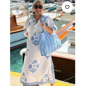 Women's JILL HIBBELN Viola Floral Maxi Kaftan Cotton Dress-White & Blue-Large